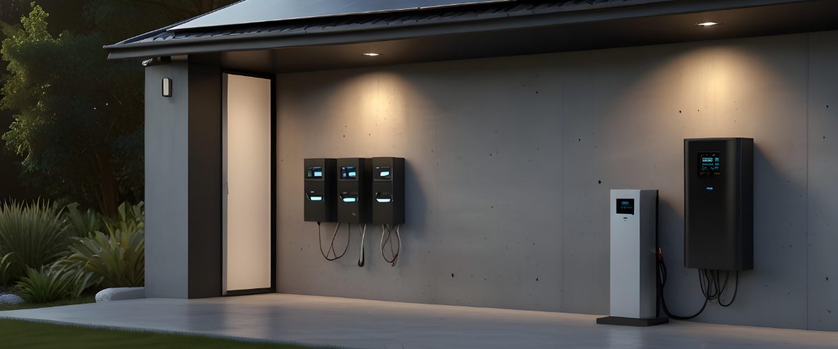 Eco-Friendly Home EV Charging Station with Battery Storage System. Sustainable Energy, Residential Technology.